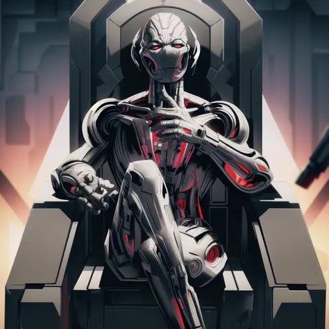 ultron, solo, high angle, sitting on a throne, command and control, domination, ruler, sinister authority, intricate details, masterpiece, absurdres, best quality <lora:ultronPrime-000020:0.9>