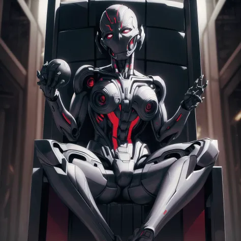 ultron, medium breasts, solo, sitting, throne, villain, robotic, female focus, bald, church, spread legs, intricate details, masterpiece, absurdres, best quality, from front, full body <lora:ultronPrime-000020:0.65>
