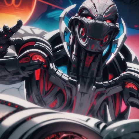 ultron, solo, close-up, menacing grin, red eyes, metallic jaws, facial expression, cybernetic enhancements, intricate details, masterpiece, absurdres, best quality <lora:ultronPrime-000020:0.9>