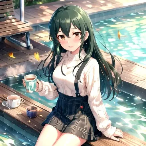 <lora:IzumiOhishi-10:0.7>, izumiimas, looking at viewer, blush, smile, skirt, long sleeves, hair between eyes, jewelry, sitting, outdoors, food, water, necklace, sweater, tree, cup, sleeves past wrists, plaid, plaid skirt, suspenders, tray, mug, pool, bench, autumn leaves, soaking feet, poolside, cable knit