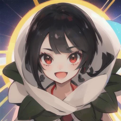 (((masterpiece))), ((best quality)), high quality, high-resolution, highres, perfect, ultra-detailed, perfect female body, beautiful face, 1girl, looking at viewer, <lora:Zinnia:1.3>, (zinnia), zinnia \(pokemon\), smile, excited, space, starry sky, open mouth, happy, flying