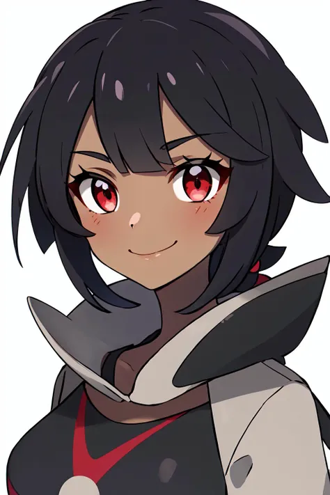 masterpiece, best quality, looking at viewer, <lora:PokemonV2:0.7>, generation 9, <lora:Zinnia:0.8>, zinnia, 1girl, solo, blush, light smile, dark skin, red eyes, yohan black shirt