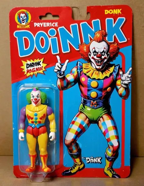 A lifelike figurine resembling the well-known WWF professional wrestler , Doink The Clown, stands prominently displayed. The figurine captures his iconic exaggerated features with striking realism, including his colourful full body clown suit and water squirting flower. Alongside it, the packaging showcases a cartoon illustration of Doink The Clown, adding a playful contrast to the realism of the figure. The colorful yet menacing packaging is a juxtaposition to the character. The name ('Doink':1.5) is printed in bold, eye-catching letters on the packaging, highlighting his renowned identity.<lora:gonza_v2:0.75>