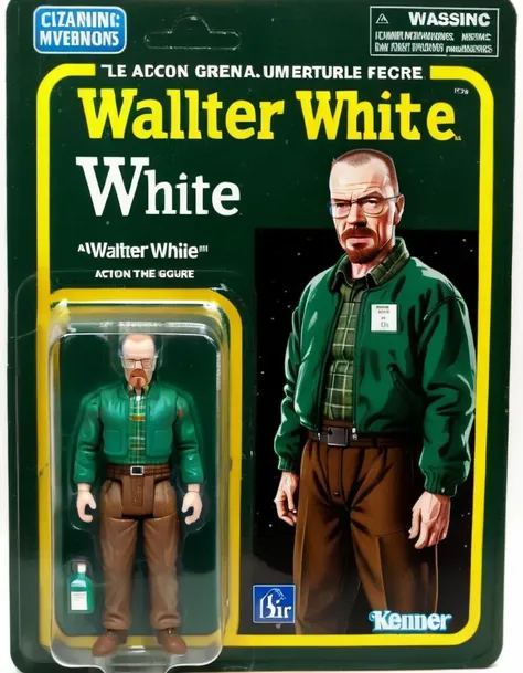 A walter white action figure, detailed and lifelike, enclosed in a plastic box. The packaging background depicts a dark green board with the periodic table, fog jacket, brown pants, <lora:gonza_v2:0.8>