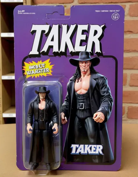 A lifelike figurine resembling the 90s version of the well-known wrestler, The Undertaker, stands prominently displayed. The figurine captures his iconic features with striking realism, from his intense gaze to his signature expression. Alongside it, the packaging showcases a cartoon illustration of The Undertaker, adding a playful contrast to the realism of the figure. The name ('TAKER':1.5) is printed in bold, eye-catching letters on the packaging, highlighting his renowned identity.<lora:gonza_v2:0.75>