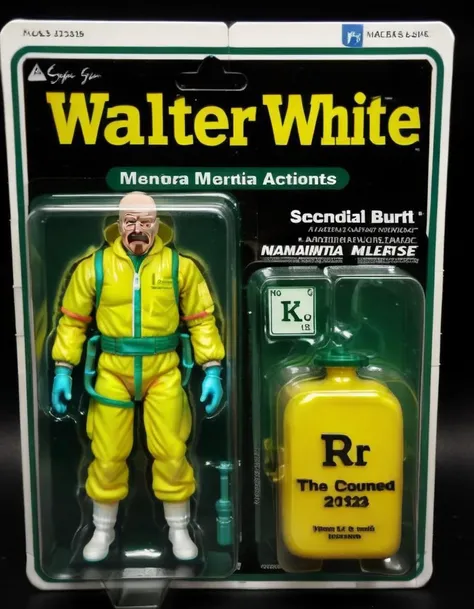 A walter white action figure, detailed and lifelike, enclosed in a plastic box. The packaging background depicts a dark green board with the periodic table, hazmat suit, no helmat, <lora:gonza_v2:0.8>