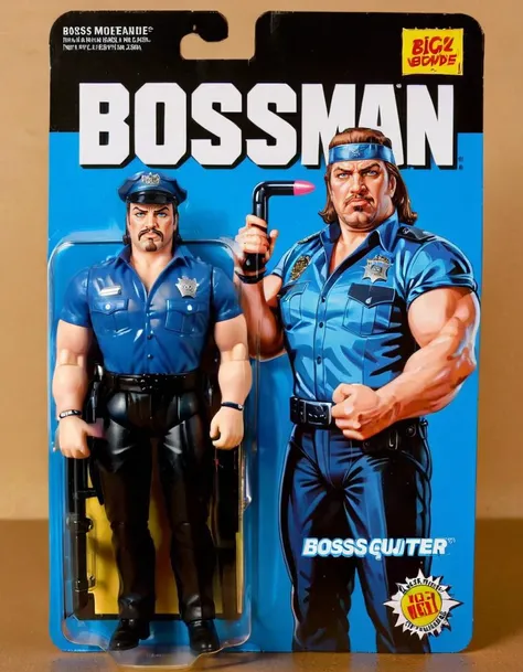 A lifelike figurine resembling the well-known WWF professional wrestler , Big Boss Man, stands prominently displayed. The figurine captures his iconic exaggerated features with striking realism, including his blue shirt and black trousers police uniform and black nightstick. Alongside it, the packaging showcases a cartoon illustration of Big Boss Man, adding a playful contrast to the realism of the figure. The serious blue and black yet menacing packaging is a juxtaposition to the character. The name ('Boss Man':1.5) is printed in bold, eye-catching letters on the packaging, highlighting his renowned identity.<lora:gonza_v2:0.75>