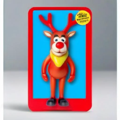 A lifelike figurine resembling an reindeer with red fur stands prominently displayed. The figurine captures the iconic features with striking realism, from the intense gaze to his signature expression. Alongside it, the packaging showcases a cartoon illustration of a reindoor adding a playful contrast to the realism of the figure. The name 'Raging Red Reindeer ' is printed in bold, eye-catching letters on the packaging, highlighting his renowned identity.<lora:gonza_v2:0.75>