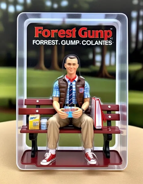 A lifelike action figure of Forrest Gump, seated on a bench, in a clear plastic box. The figure wears the iconic suit and sneakers, with a box of chocolates in hand. The packaging backdrop showcases memorable scenes from the movie, capturing the essence of the beloved character,<lora:gonza_v2:0.7>