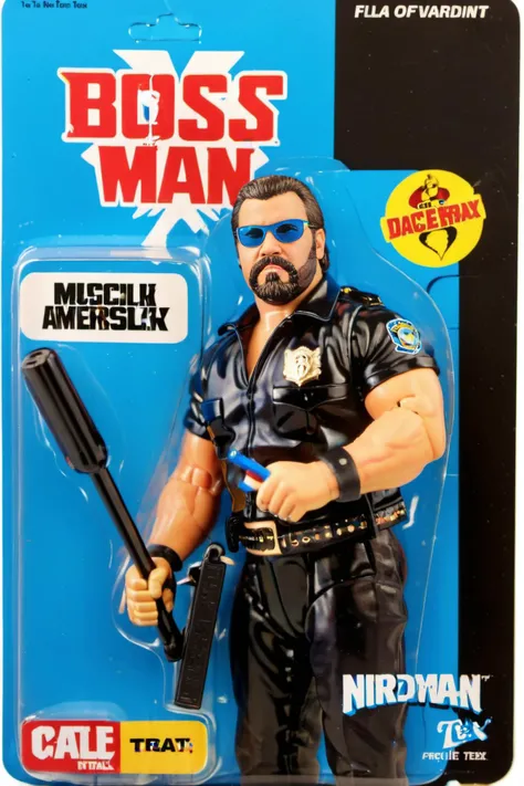 A toy of WWF professional wrestler Big Boss Man from the 1990s a muscular American police officer wrestler, wearing a blue shirt and black shades, holding his trademark nightstick, <lora:texta:1>, (logo text 'BOSS MAN':1.5) Mattel,<lora:gonza:0.85>,