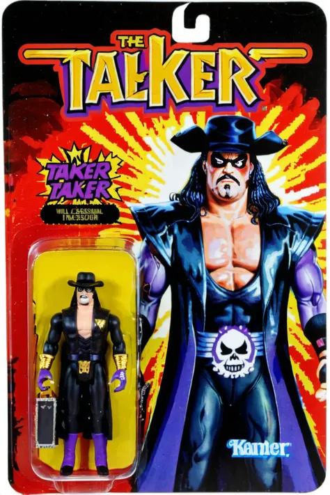 A toy of WWF professional wrestler Undertaker from the 1990s, a tall undertaker character, wearing a black and purple outfit with a black hat, accessories include a miniature version of his trademark gold urn. (the logo text ''Taker' is printed in bold letters:1.5),<lora:gonza:0.85>