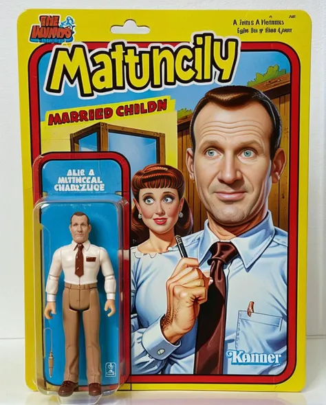 a man, meticulously highly detailed, photo-realistic image of a Al Bundy figure, packaged in a vibrant box. The packaging prominently features a cartoon illustration of a Married with Children characterized by exaggerated features and a signature expression. Beside the cartoon, a clear window panel reveals the action figure, a precise replica, with distinct detailing and accurate coloring. The figure's attire white button down shirt, brown tie, brown pants, brown shoes complete with miniature accessories. The background of the box displays elements symbolic of mathmatical problems, subtly enhancing the collectible's thematic appeal <lora:gonza:0.75>