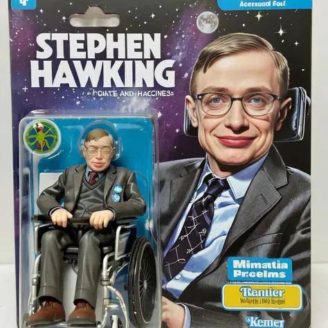 Stephen Hawking,  A meticulously detailed, photo-realistic image of a Stephen Hawking figure, packaged in a vibrant box. The packaging prominently features a cartoon illustration of a man in a stephen hawking wheelchair on one side, characterized by exaggerated features and a signature expression. Beside the cartoon, a clear window panel reveals the action figure, a precise replica, with distinct detailing and accurate coloring. The figure's attire a suit and sitting in a wheelchair, complete with miniature accessories. The background of the box displays elements symbolic of mathmatical problems, subtly enhancing the collectible's thematic appeal <lora:gonza:0.75>