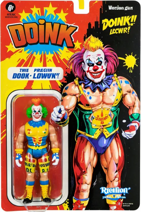 A toy of WWF professional wrestler Doink The Clown from the 1990s, a muscular clown wrestler character, wearing a tight fitting colorful clown outfit, holding his trademark trick squirty flower, (the name 'Doink' is printed in bold letters:1.5),<lora:gonza:0.85>,