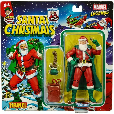 a Santa Claus action figure made by Marvel, packaged in a vibrant Christmas-themed box with the text 'SANTA'. The packaging prominently features a cartoon illustration of Santa on one side, characterized by exaggerated features and a signature expression. Beside the cartoon, a clear window panel reveals the action figure, a precise replica, with distinct detailing and accurate coloring. Santa suit and beard, complete with miniature accessories: santa boots sack and presents. The background of the box displays elements symbolic of Christmas, subtly enhancing the collectable's thematic appeal <lora:gonza:1>, <lora:texta:1>