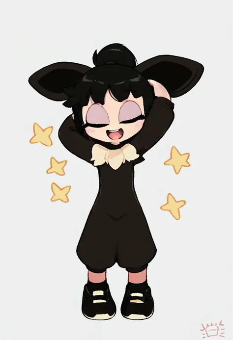 Score_9, Score_8_up, score_7_up, score_6_up, solo EGA:1.9, best quality:1.9, masterpiece:1.9, high-res:1.9, powerpuff, Girl, 1pokekid1, Black hair, ponytail, Black eyes, Black onesie, Black dress, Black footwear, Black socks, fake animal ears, fake tail, star-shaped pupils, happy, 1girl,solo,chibi,closed eyes,open mouth,arms up, {{close up:1.9}}, kingdom<lora:EMS-383958-EMS:0.800000>