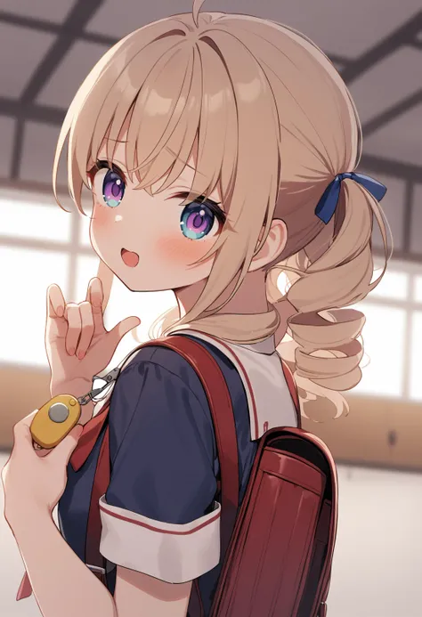 1girl,sincos, ningen mame, toosaka asagi,solo,medium breasts,school uniform,
crime prevention buzzer, holding, looking at viewer, hands up, randoseru, backpack,<lora:crimepreventionbuzzer_XL_v1:0.8>
from side, upper body, looking to the side, blonde hair, purple eyes,fingersmile, gymnasium, open mouth, drill hair,,
best quality, very aesthetic, absurdres,