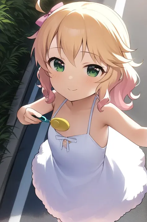 1girl,Sakurai_Momoka,1girl,solo,green eyes, blonde hair, shorthair, wavy hair, sidelocks,flat chest,(petite),chibi,fluffy dress,ribbon,(crime prevention buzzer),outdoor,downtown,street,smile, <lora:XDetail_light:1.3> <lora:crimepreventionbuzzer_XL_v1:0.8> <lora:Sakurai_Momoka_XL:0.8>,masterpiece,best quality <lora:better skin typeB-v1:0.7>