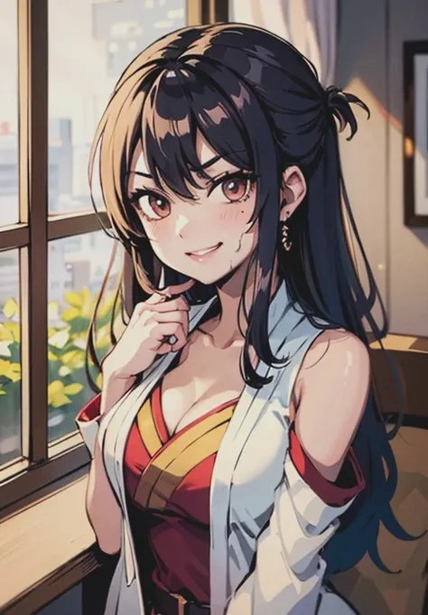 Black woman smiling hyper realistic,long black  hair,lightbrown eyes,breasts big 