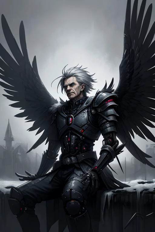 best quality,masterpiece,(1man, old male:1.2), ruby eyes, gray hair, spiky hair, portrait, solo, half shot, looking down, detailed background, detailed face, (<lora:CyberPunkAI:0.6>, CyberpunkAI theme:1.1), raven-mage, dark feathers, wearing tattered feathered leather armor, dark feathered wings, sitting, wing themed symbolism, raven sitting on shoulder, swirling black feathers drifting in the wind, snowy landscape in background, dark night, backlighting, sinister atmosphere,,