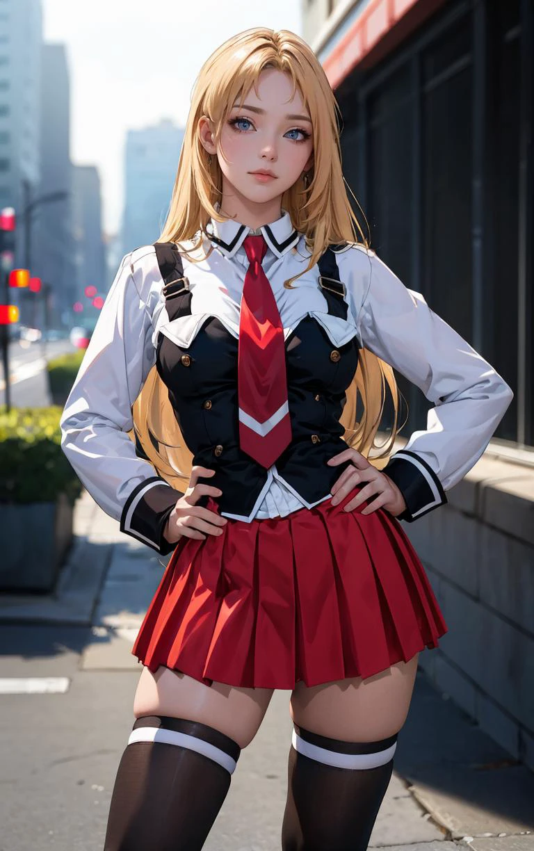 ((masterpiece, best quality)), insaneres, absurdres, solo, outdoors,
CLOTHING_BibleBlack_SchoolDress_ownwaifu,
1girl, blonde hair, long hair, blue eyes,
black vest, red skirt, white shirt, collared shirt, suspenders, school uniform, black thighhighs, zettai ryouiki, necktie, long sleeves, pleated skirt, red necktie,
(contrapposto, hand on hip)<lora:CLOTHING_BibleBlack_SchoolDress_ownwaifu:1>,
lens flare, depth of field, bokeh, embers, vanishing point, looking at viewer,