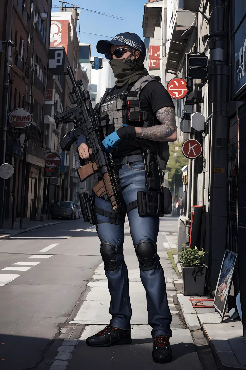 solo,(full body:1.3),outdoors,cityscape,standing,<lora:0298 British counter-terrorism police_v1:1>,ruanyi0298,mouth mask,sunglasses,hat,holding weapon,m4 carbine,ar-15,arm tattoo,1boy,, best quality,masterpiece,highres,official art,extremely detailed cg unity 8k wallpaper