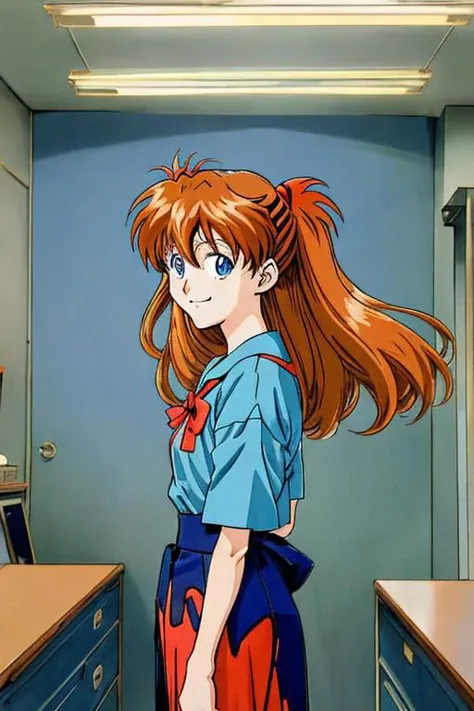 Anime illustration of smiling happy asuka langley soryu from neon genesis evangelion, inside the lab, detailed scene, stunning details, vintage 90's anime, detailed environment