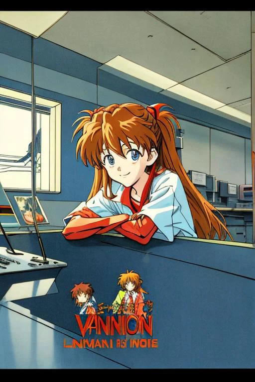 Anime illustration of smiling happy asuka langley soryu from neon genesis evangelion, inside the lab, detailed scene, stunning details, vintage 90's anime, detailed environment