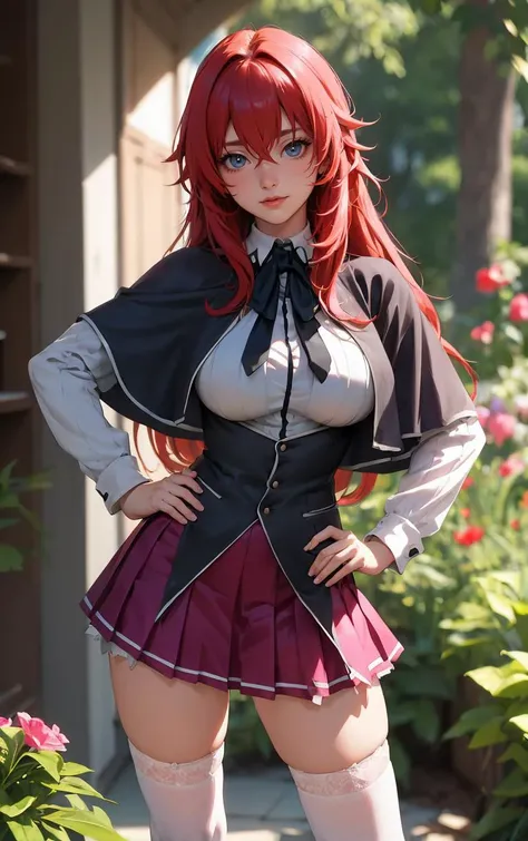 ((masterpiece, best quality)), insaneres, absurdres, solo, looking at viewer,
ANIME_DxD_Rias_Gremory_ownwaifu,
1girl, bangs, long hair, red hair, breasts, large breasts, rias gremory, blue eyes, hair between eyes, very long hair, collarbone, hair intakes, hair over breasts,
black capelet, black corset, collared shirt, kuoh academy school uniform, layered skirt, underbust, school uniform, skirt, shirt, long sleeves, purple skirt, ribbon, miniskirt, neck ribbon, thighhighs, black ribbon,
(contrapposto, hand on hip)<lora:ANIME_DxD_Rias_Gremory_ownwaifu:1>,
depth of field, vanishing point, garden, sidelighting,