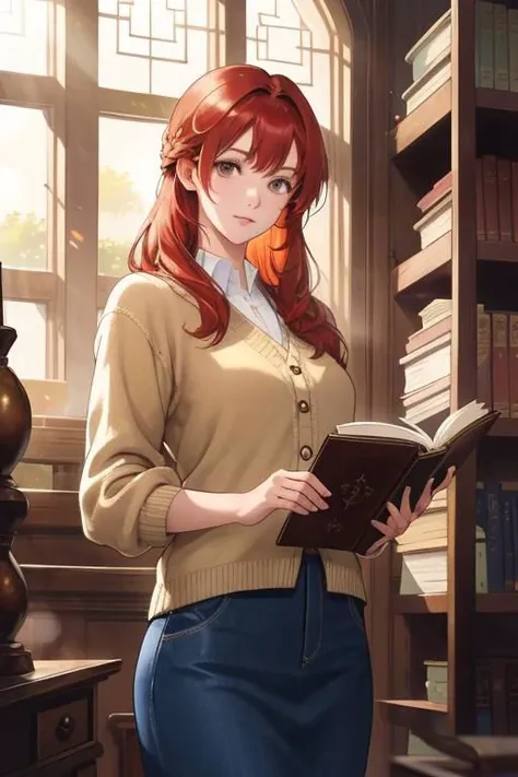 A sophisticated woman in a vintage bookstore, engrossed in an ancient, leather-bound tome, with dusty rays of light streaming through antique windows
masterpiece, best quality, intricate, realistic, photorealistic, red hair, 
 <lora:racial-chang-slider:-0.2> <lora:skin_slider_v1:1> <lora:hair_length_slider_v1:-2.5>