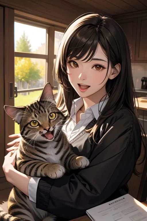 (HDR, best quality, masterpiece, detailed, High Resolution, volumetric, grain), (woman focus), cat, open mouth,