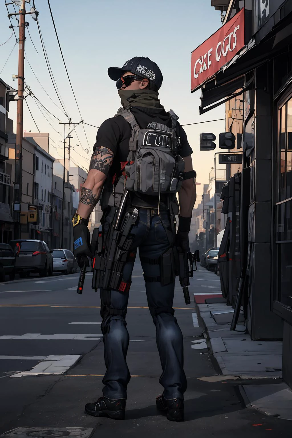 solo,(full body:1.3),outdoors,cityscape,standing,<lora:0298 British counter-terrorism police_v1:1>,ruanyi0298,mouth mask,sunglasses,hat,holding weapon,m4 carbine,ar-15,arm tattoo,1boy,, best quality,masterpiece,highres,official art,extremely detailed cg unity 8k wallpaper