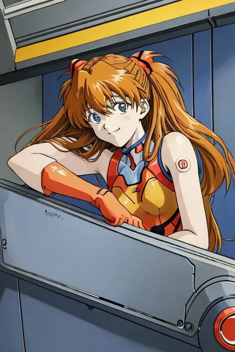 Anime illustration of smiling happy asuka langley soryu from neon genesis evangelion, inside the lab, detailed scene, stunning details, vintage 90's anime, detailed environment