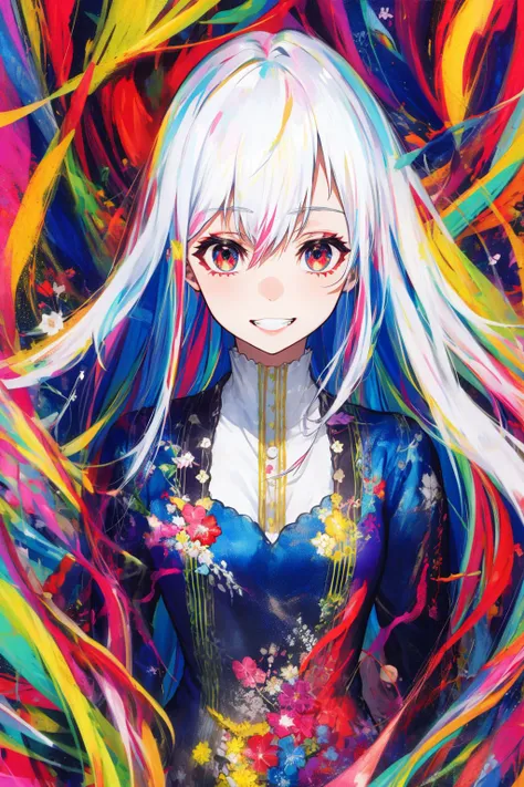 1girl, hand_gesture, white_hair, multicolored hair, long hair, very long hair, multicolored eyes, (multicolored_background:1.8), solo, smile, looking at viewer, cherry blossoms, grin, hair between eyes, dress, dress, dress_shirt, white_dress, multicolored_dress, bangs, upper body, album cover, <lora:style_MikaPikazo:1>
