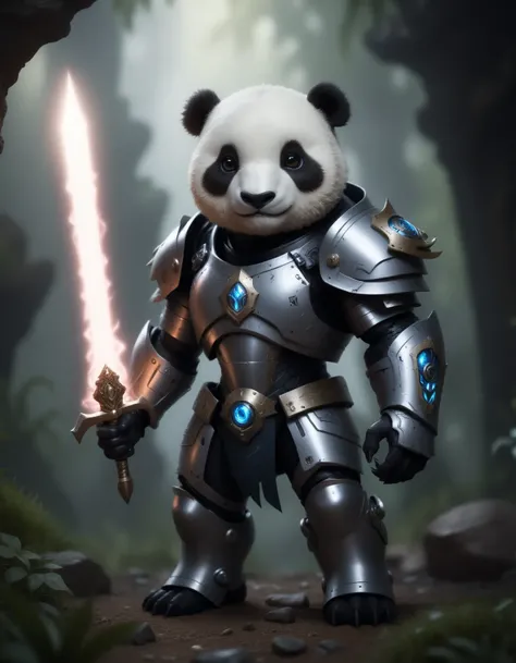 a super cute anthro humanoid male giant panda chibi knight, wearing mech armor, wielding glowing sword, helmet, fantasy jungle temple in background