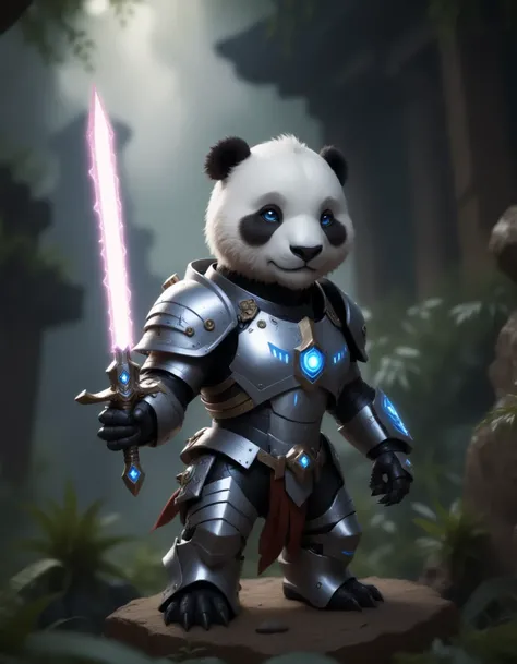 a super cute anthro humanoid male giant panda chibi knight, wearing mech armor, wielding glowing sword, helmet, fantasy jungle temple in background