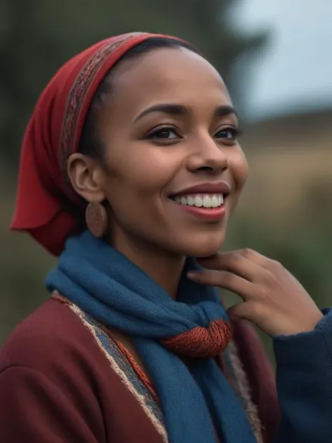 (waving hand:1.2), emotional photo of happy smiling african woman Joanna, proffesional photomodel, in rugged ornamental clothes, dark suntanned skin, (red scarf:1.1), native ethnic wooden necklace, blue coat, face, perfect teeth, 8k uhd, high quality, film grain, looking at viewer, portrait, (skin pores:1.2), (moles:0.8), (imperfect skin:1.1), intricate details, goosebumps, flawless face, ((photorealistic):1.1), (raw, 8k:1.1), hyper realistic, HDR, cinematic, dark, muted colors, atmosphere, ((macro lens)), after dusk, outdoors professional, simple,