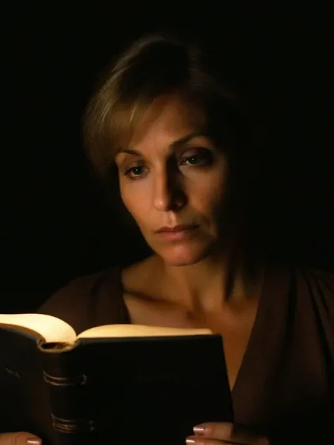 portrait cinematic (mature tanned European 1woman:1.2), Aria Pax, emotions, lost in thoughts, low light, dramatic light, partially covered in shadow, macro lens, Reading a book, Rembrandt Lighting Style, <lora:Rembrandt Lighting Style:1>
