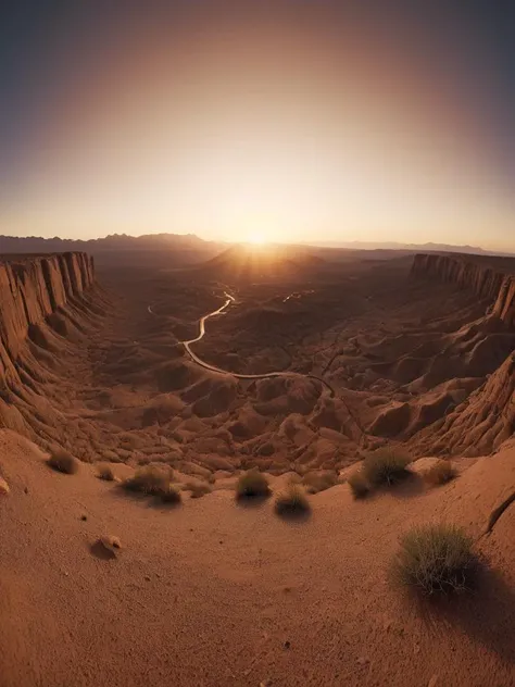 Fisheye rectilinear lenses, pov . 15mm photograph of landscape desert, film, bokeh, professional, photorealistic. 4k, highly detailed dim volumetric lighting, (8k octane beautifully detailed render:1.22), post-processing, hyper-detailed, intricate, epic composition, highly detailed attributes, atmosphere, cinematic natural lighting, masterpiece, trending, stunning, flawless completion, lifelike texture, perfection