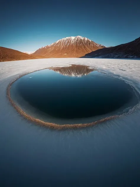 Fisheye rectilinear lenses, pov . 20mm photograph of  landscape artic frozen lake desert, film, bokeh, (professional:1.49), photorealistic. 4k, highly detailed dim volumetric lighting, 8k octane beautifully detailed render, post-processing, hyper-detailed, intricate, epic composition, highly detailed attributes, atmosphere, cinematic natural lighting, masterpiece, trending, stunning, flawless completion, lifelike texture, perfection