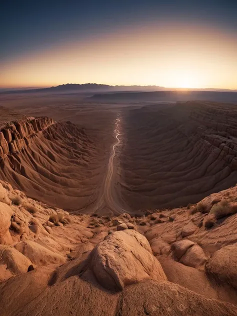 Fisheye rectilinear lenses, pov . 20mm photograph of landscape desert, film, bokeh, professional, photorealistic. 4k, highly detailed dim volumetric lighting, 8k octane beautifully detailed render, post-processing, hyper-detailed, intricate, epic composition, highly detailed attributes, atmosphere, cinematic natural lighting, masterpiece, trending, (stunning:1.47), flawless completion, lifelike texture, perfection