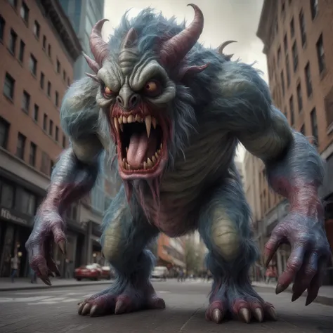 hdr, Capture a photorealistic image of a 3d monster, cinematix, in the city