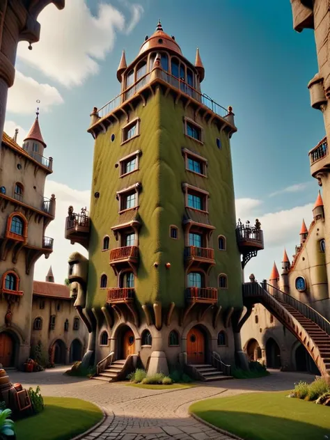 [photo focus on  robopop architecture romantic robot medieval  palace with towers, mecha style, on hydraulic legs, rooted, spiral staircases around the building
 <lora:Robopop:0.85>, , film, professional, 4k, highly detailed, absurdres, detailed, macro details, 8k, hyper realistic, texture surface details] logo in grafitti style font, key visual, hdr, simple background, by, form, orange green red blue theme
