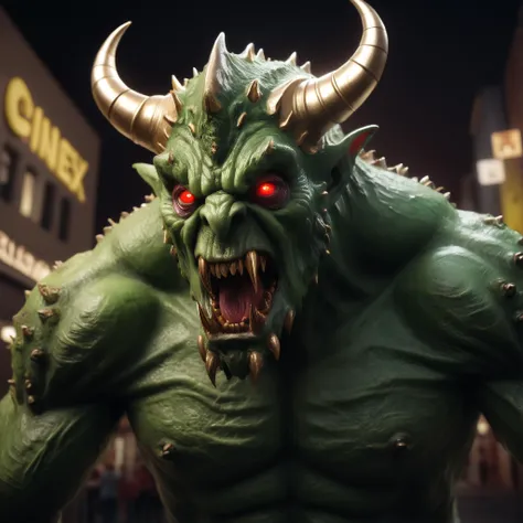 hdr, Capture a photorealistic image of a 3d monster, cinematix, in the city
(three point studio light:1.4), camera f1.6 lens ,rich colors ,hyper realistic ,lifelike texture, green body, red nails, gold jewelry, black horns