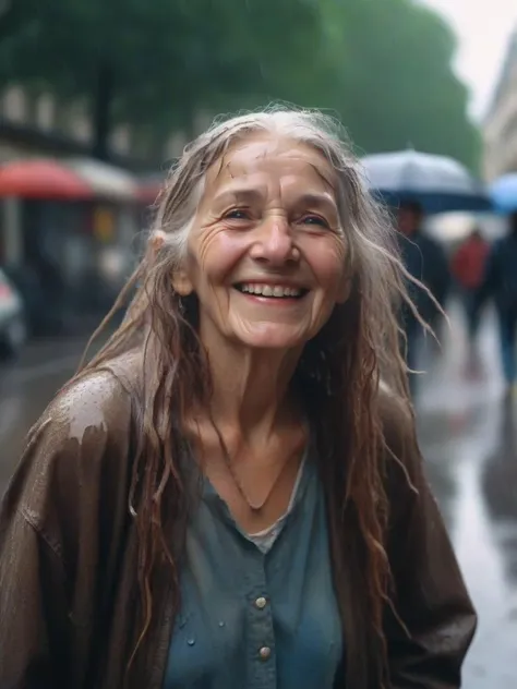 cinematic photo elderly happy smiling hippie woman in rain, (wet very long messy hair:1.3), sweat stains, paris street, simple background . 35mm photograph, film, bokeh, professional, 4k, highly detailed,