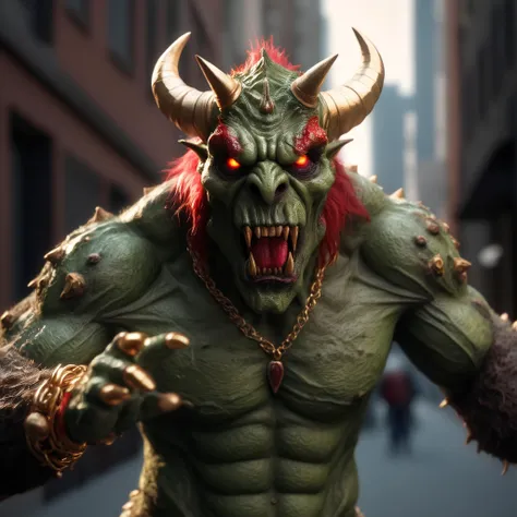 hdr, Capture a photorealistic image of a 3d monster, cinematix, in the city
(three point studio light:1.4), camera f1.6 lens ,rich colors ,hyper realistic ,lifelike texture, green body, red nails, gold jewelry, black horns