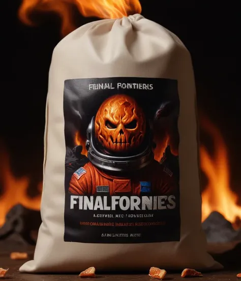 still life, text logo that says "FINAL FRONTIERS" on the candy bag armor.burning, image of crying face astronaut in hell, 4k, uhd, masterpiece ,