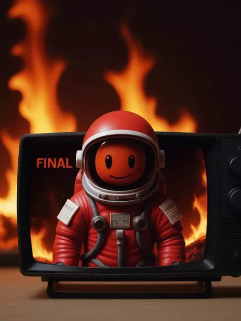 still life, text logo that says "FINAL FRONTIERS" on tv set tv.burning, image of crying cute red deamon astronaut in hell, 4k, uhd, masterpiece ,