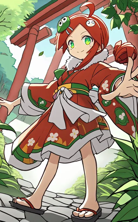 1girl,  <lora:sdxl-py-ringo:0.8> ando ringo,  green eyes, character hair ornament, red hair, ahoge, twin drill, zettai ryouiki Rejoicing, Itsukushima shrine, (((jinja shrine, torii, stone pavement, mysterious, wind, quiet, bamboo grass, filtering through trees))) floating hair glowing eyes leaves, nature, (sunlight) forest bloom, intricate japanese_clothes, kimono ornate flower embroidery kimono, detached sleevs,very baggy and wide sleeves kimono intricate furisode print_kimono geta intricate flower_print White fur collar,japanese hair ornamen folded ponytail