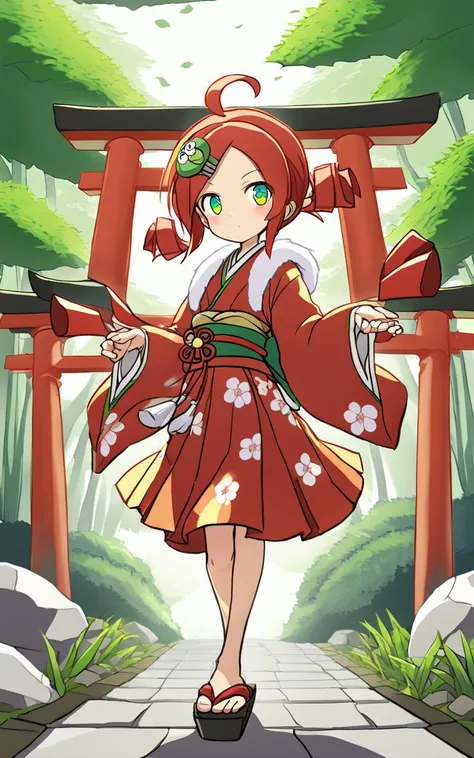 1girl, <lora:sdxl-py-ringo:0.8> ando ringo, green eyes, character hair ornament, red hair, ahoge, twin drill, zettai ryouiki Blushing, Itsukushima shrine, (((jinja shrine, torii, stone pavement, mysterious, wind, quiet, bamboo grass, filtering through trees))) floating hair glowing eyes leaves, nature, (sunlight) forest bloom, intricate japanese_clothes, kimono ornate flower embroidery kimono, detached sleevs,very baggy and wide sleeves kimono intricate furisode print_kimono geta intricate flower_print White fur collar,japanese hair ornamen folded ponytail